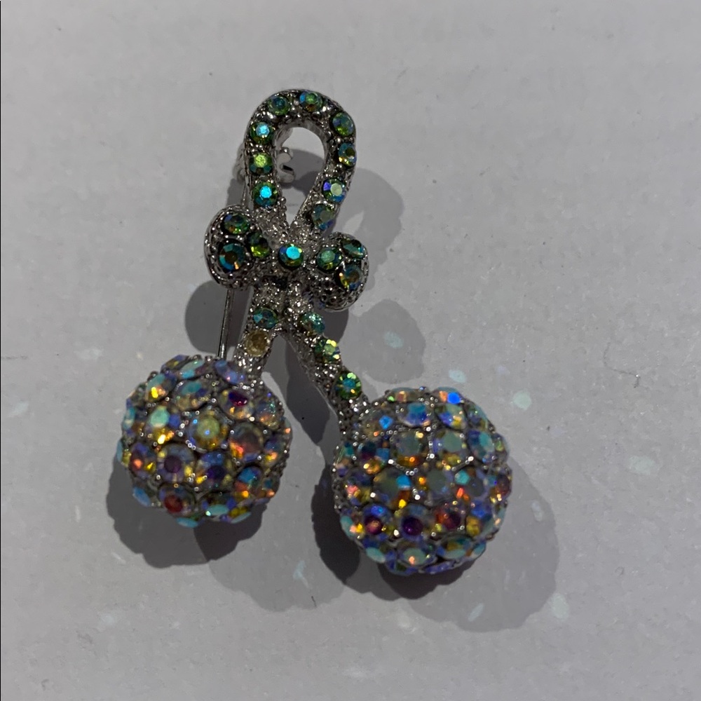 Aurora borealis pave crystal cherries and bow lapel 2” pin